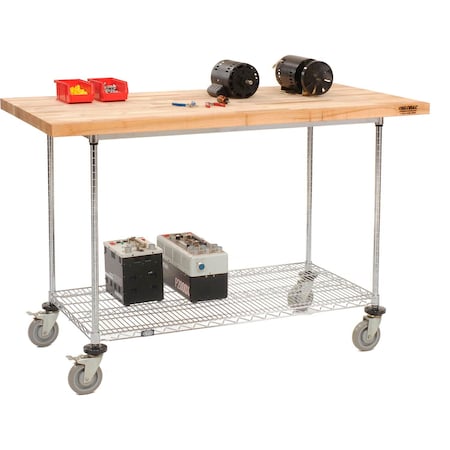 Global Industrial Chrome Wire Mobile Workbench, 60 x 30in, Maple Butcher Block Square Edge 252321